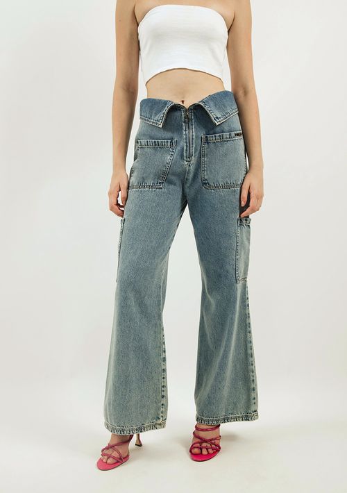 Calça Zinco Wide Cós Super Alto Detalhe Cós Jeans