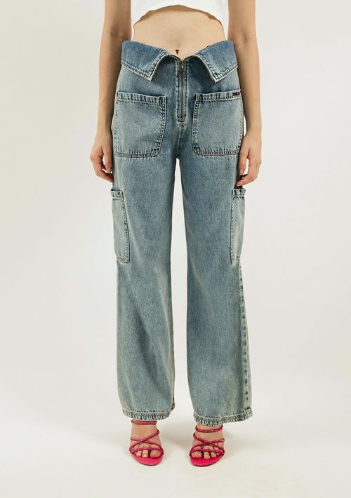 Calça Zinco Wide Cós Super Alto Detalhe Cós Jeans