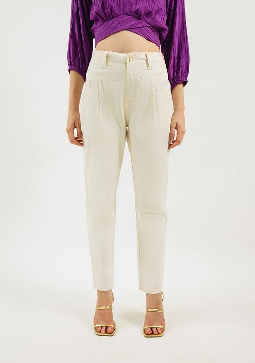 Calça Zinco Mom Cós Alto Com Bordado Off White