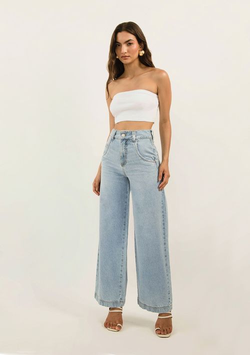 Calça Zinco Pantalona Cós Alto Com Rebite Jeans