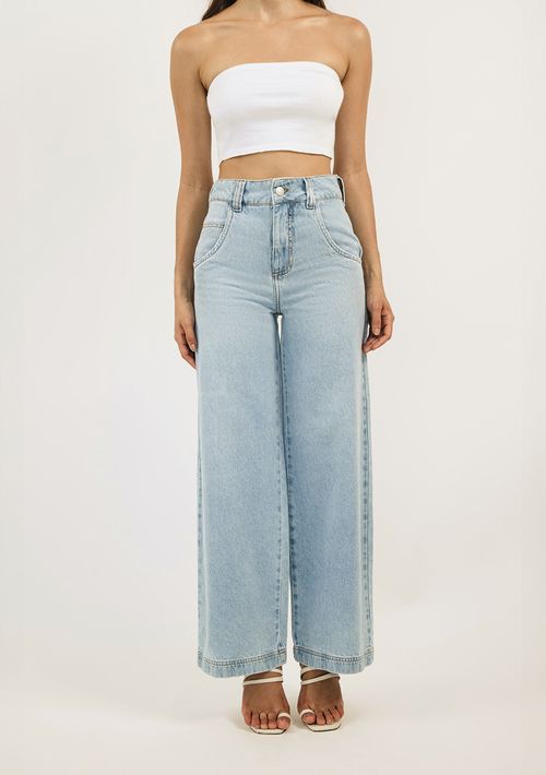 Calça Zinco Pantalona Cós Alto Com Rebite Jeans