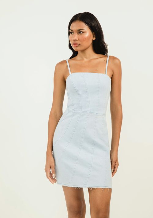Vestido Zinco Curto Decote Reto Com Recorte Jeans