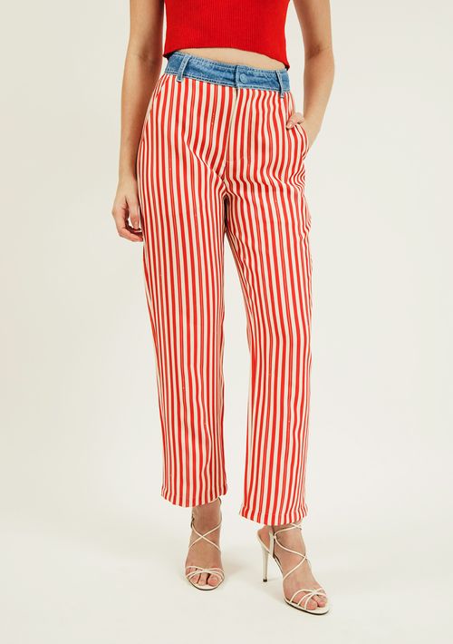 Calça Zinco Reta Cós Alto Composê De Tecidos Azul