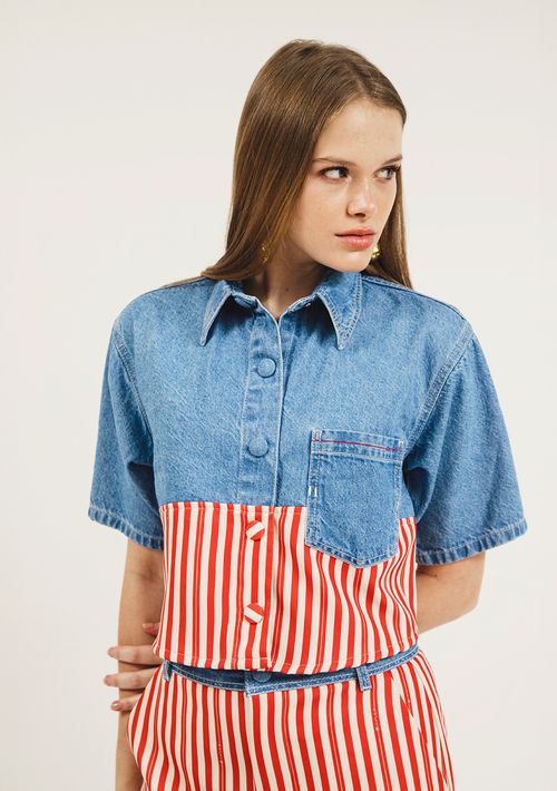 Camisa Zinco Manga Curta Composê De Tecidos Azul