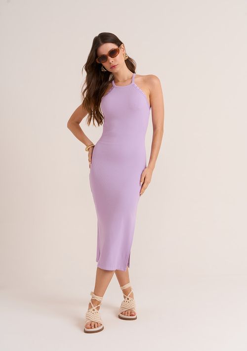 Vestido Zinco Midi Decote Redondo Detalhe Renda Lilas