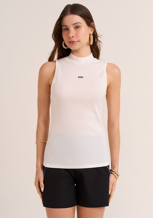 Blusa Zinco Gola Alta Cavada Bordado Frente Off White