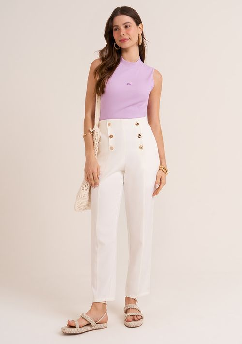 Calça Zinco Reta Cós Alto Com Recorte Off White