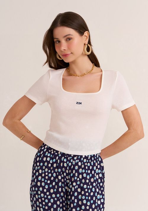 Blusa Zinco Decote Redondo Manga Curta Básica Off White