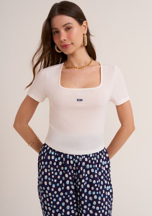 Blusa Zinco Decote Redondo Manga Curta Básica Off White