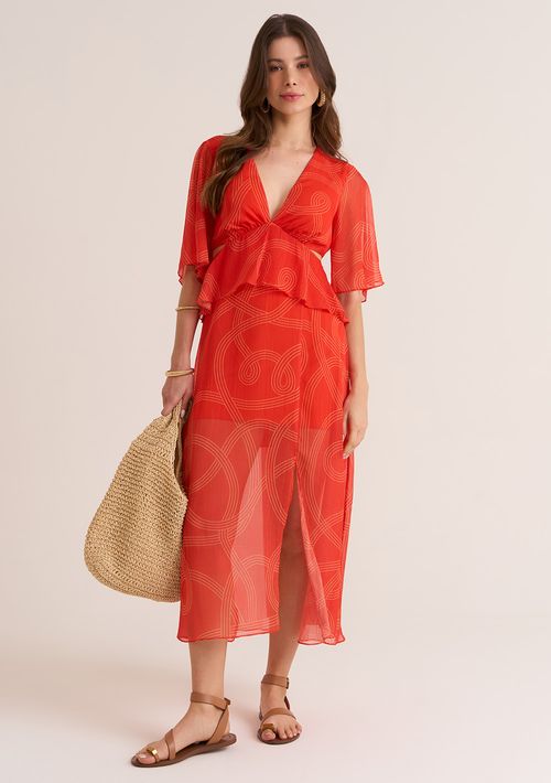 Vestido Zinco Midi Decote V Abertura Lateral Laranja