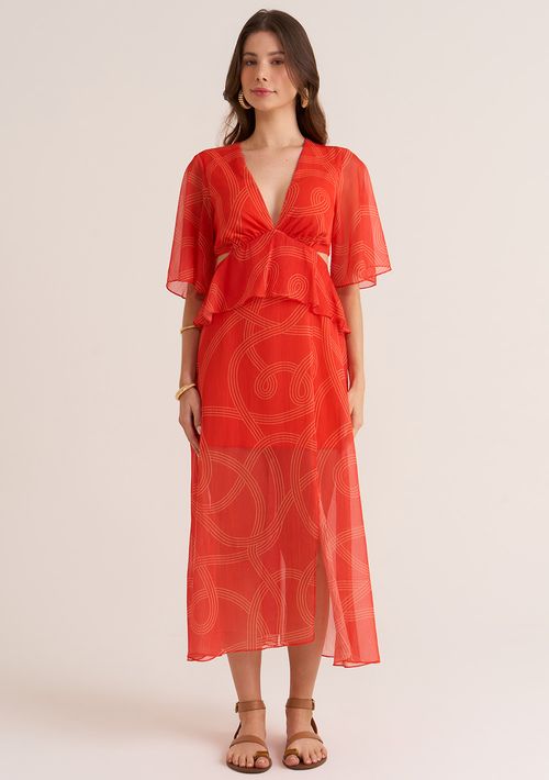 Vestido Zinco Midi Decote V Abertura Lateral Laranja