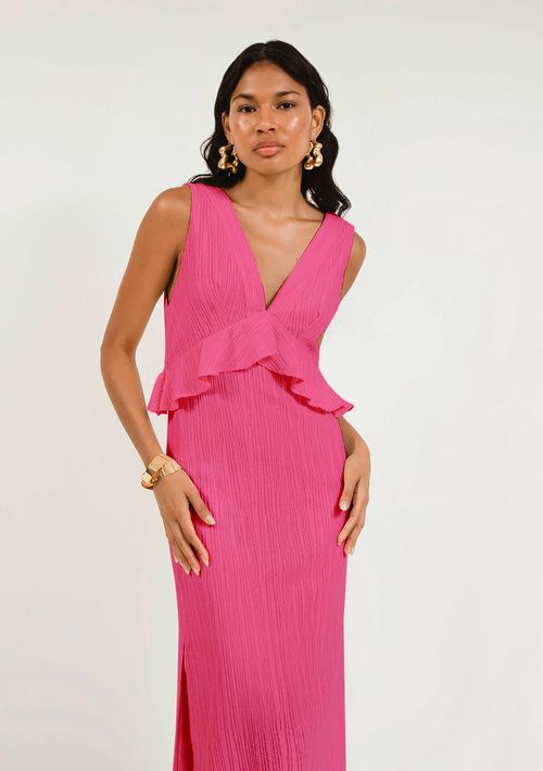 Vestido Zinco Midi Decote V Com Babado Rosa