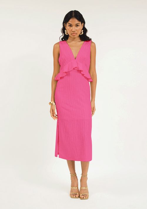 Vestido Zinco Midi Decote V Com Babado Rosa