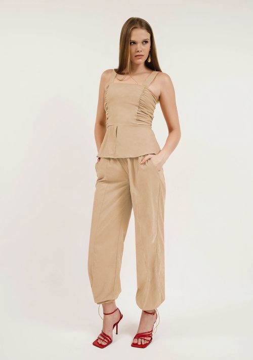 Calça Zinco Parachute Cós Alto Detalhe Barra Bege