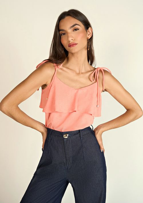 Blusa Zinco Decote Redondo Alça Com Amarração Laranja