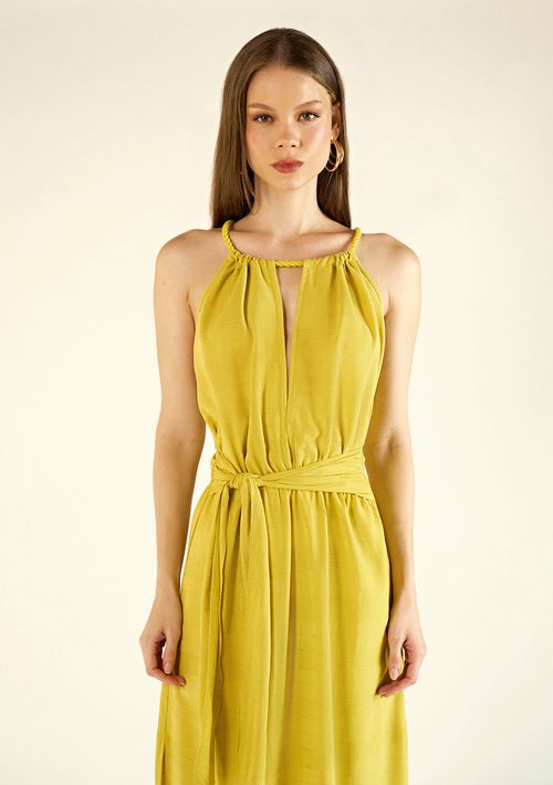 Vestido Zinco Midi Decote Redondo Com Cordão Verde Claro