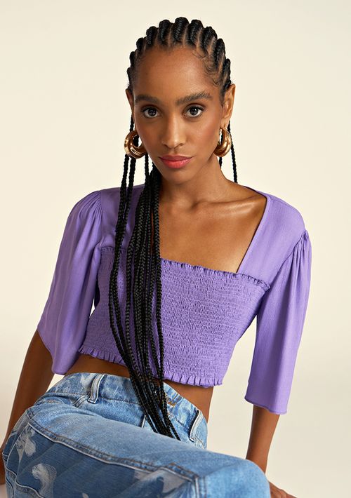 Blusa Zinco Decote Reto Manga Flare Com Lastex Roxo