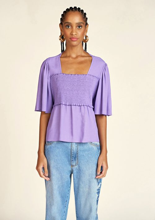 Blusa Zinco Decote Reto Manga Flare Com Lastex Roxo