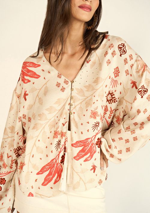 Blusa Zinco Decote V Manga Longa Com Botão Cru