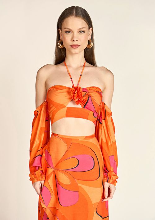 Top Zinco Cropped Manga Removível Com Lastex Laranja