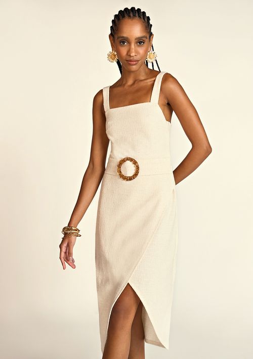 Vestido Zinco Midi Decote Reto Com Fivela Cru