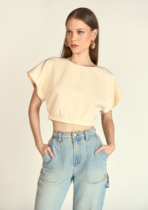 Blusa Zinco Decote Redondo Manga Curta Detalhe Martingale Cru