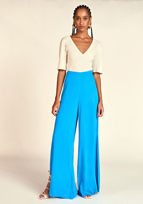 Calça Zinco Pantalona Cós Alto Com Fendas Azul