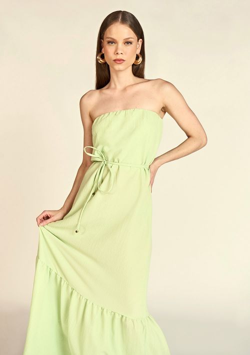 Vestido Zinco Longo Tomara Que Caia Com Cinto Verde Claro