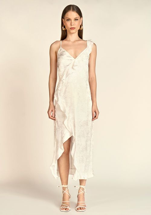 Vestido Zinco Midi Decote V Com Babado Off White