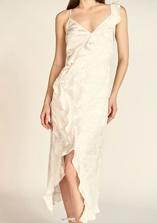 Vestido Zinco Midi Decote V Com Babado Off White