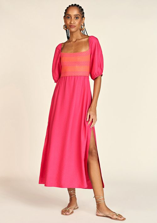 Vestido Zinco Midi Decote Reto Detalhe Tricô Pink