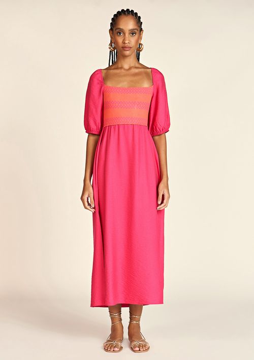 Vestido Zinco Midi Decote Reto Detalhe Tricô Pink
