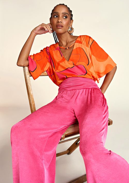 Blusa Zinco Decote V Manga Ampla Detalhe Decote Laranja
