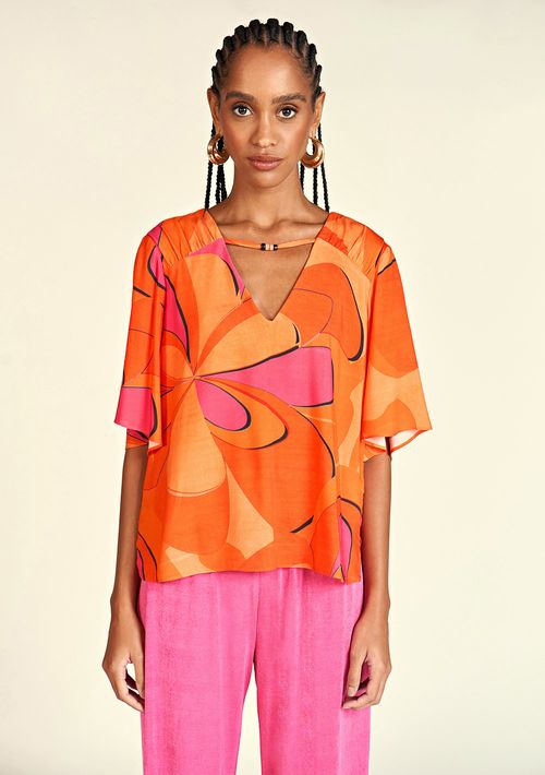 Blusa Zinco Decote V Manga Ampla Detalhe Decote Laranja