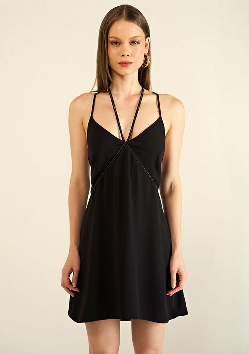 Vestido Zinco Curto Decote V Detalhe Corrente Preto