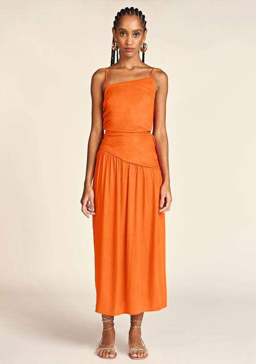 Vestido Zinco Midi Decote Assimétrico Abertura Lateral Laranja