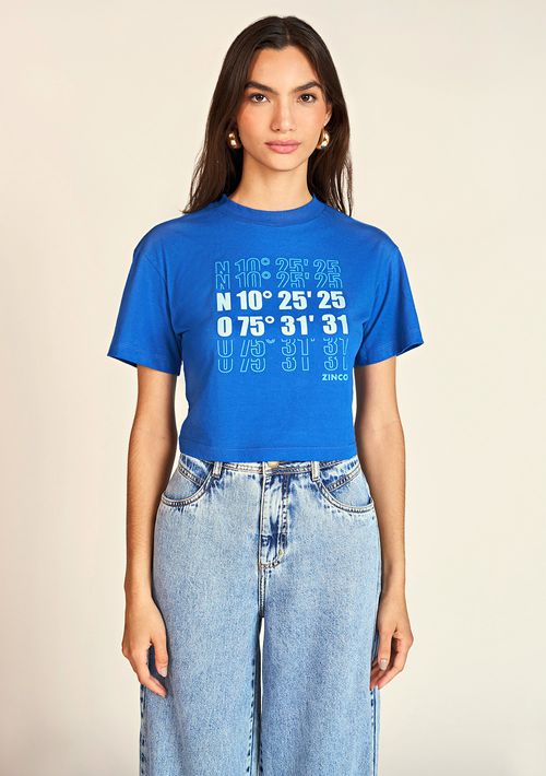 T-Shirt Zinco Decote Redondo Cropped Azul