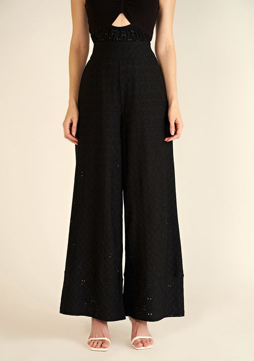 Calça Zinco Pantalona Reta Cós Alto Bolso Faca Preto