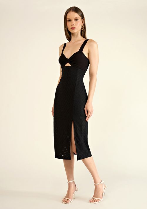 Vestido Zinco Midi Decote Coração Com Fenda Preto