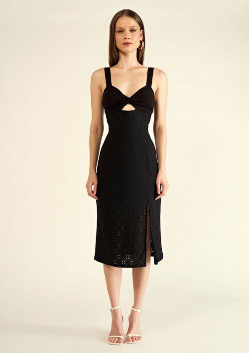 Vestido Zinco Midi Decote Coração Com Fenda Preto