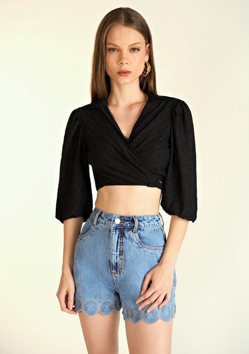 Blusa Zinco Decote V Manga Bufante Com Elástico Preto