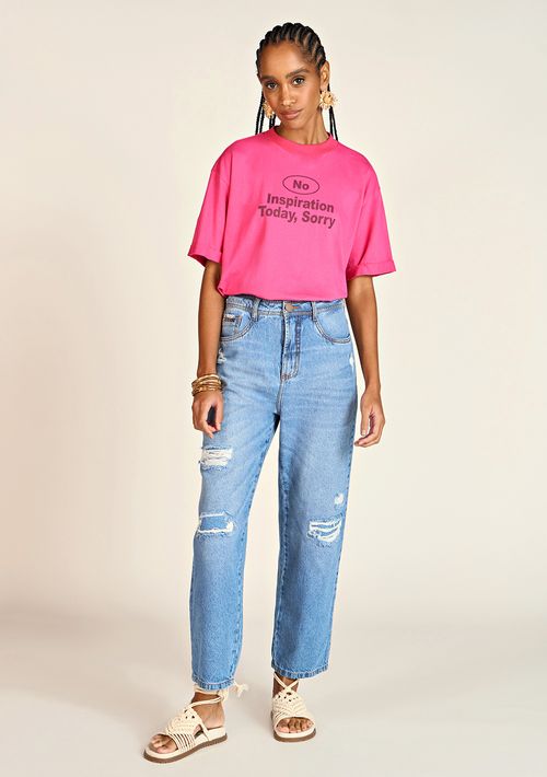 Calça Zinco Reta Cós Alto Bolso Bordado Jeans