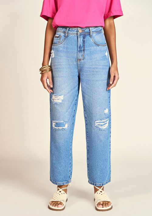 Calça Zinco Reta Cós Alto Bolso Bordado Jeans