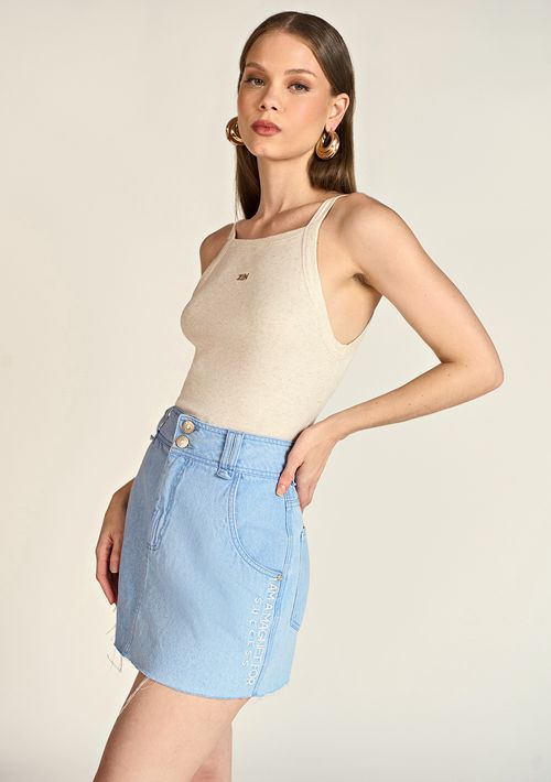 Saia Zinco Curta Five Pockets Com Bordado Jeans