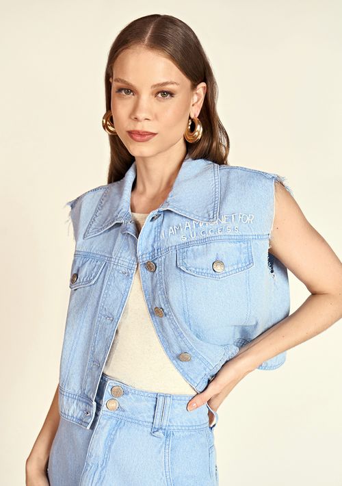 Colete Zinco Cropped Bordado Jeans