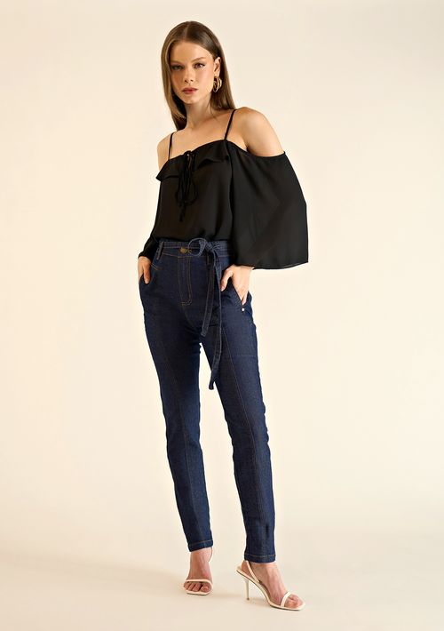 Calça Zinco Skinny Cós Alto Com Cinto Jeans
