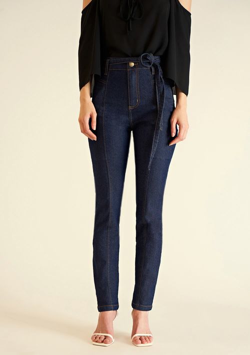 Calça Zinco Skinny Cós Alto Com Cinto Jeans