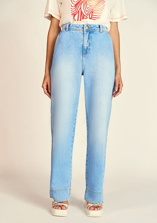 Calça Zinco Wide Leg Cós Alto Detalhe Barra Jeans