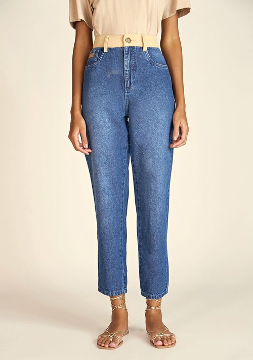 Calça Zinco Mom Cós Alto Composê De Tecidos Jeans