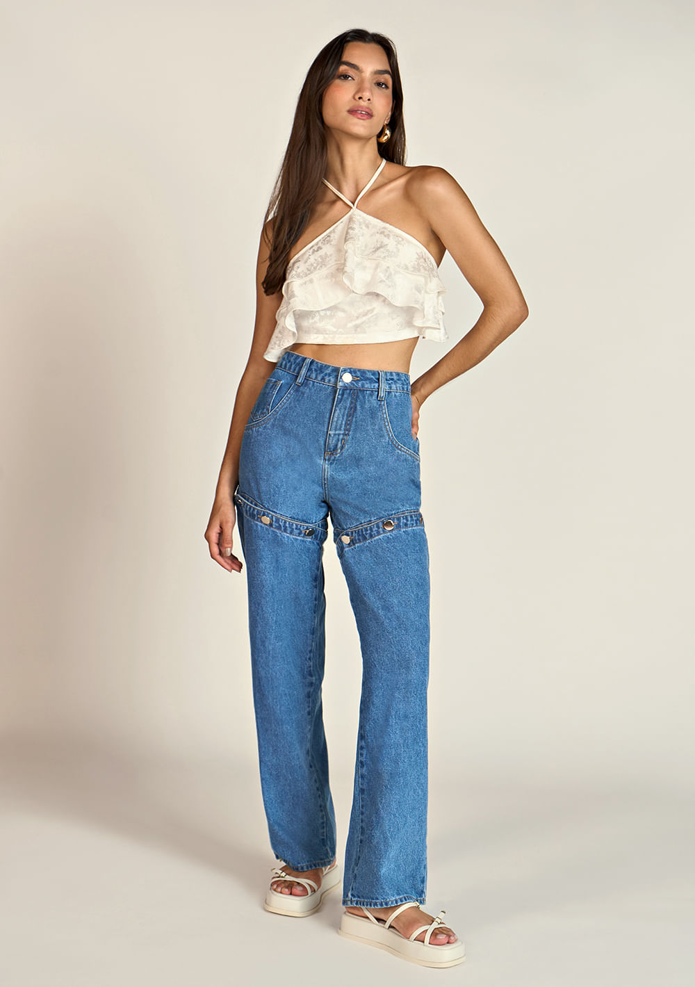 Calça Zinco Wide Leg Cós Intermediário Com Botão Jeans